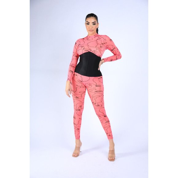 Face Contour Drawing Mesh Skinny Jumpsuit Long Sleeve Neon Pink Mock Neck - Picture 2 of 7